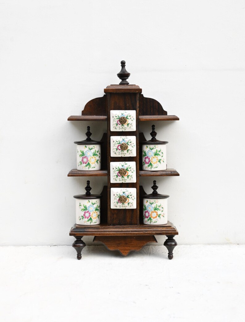 Vintage Wooden Spice Rack With Ceramic Floral Jars – Rustic Kitchen ...