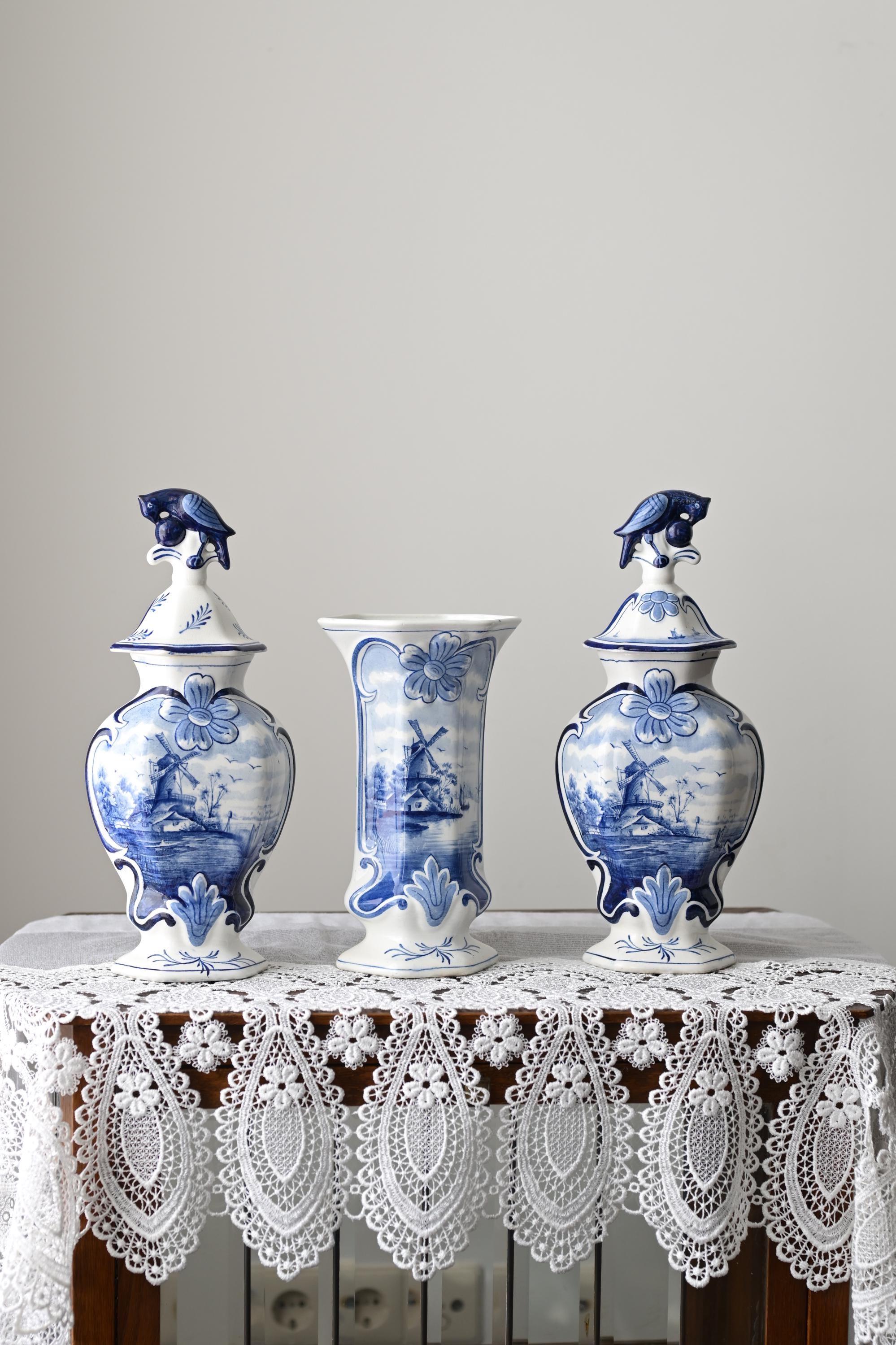Antique Delft Blue Vase Set – 3 Pieces – Hand Painted Dutch