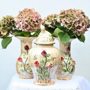 Beautiful special antique Vases set, 1 urn and 2 vases. Hand painted.  H. BEQUET QUAREGNON BELGIUM.