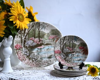 Vintage Johnson Bros English Gardens Platter pastry set, plate set, 1960s.