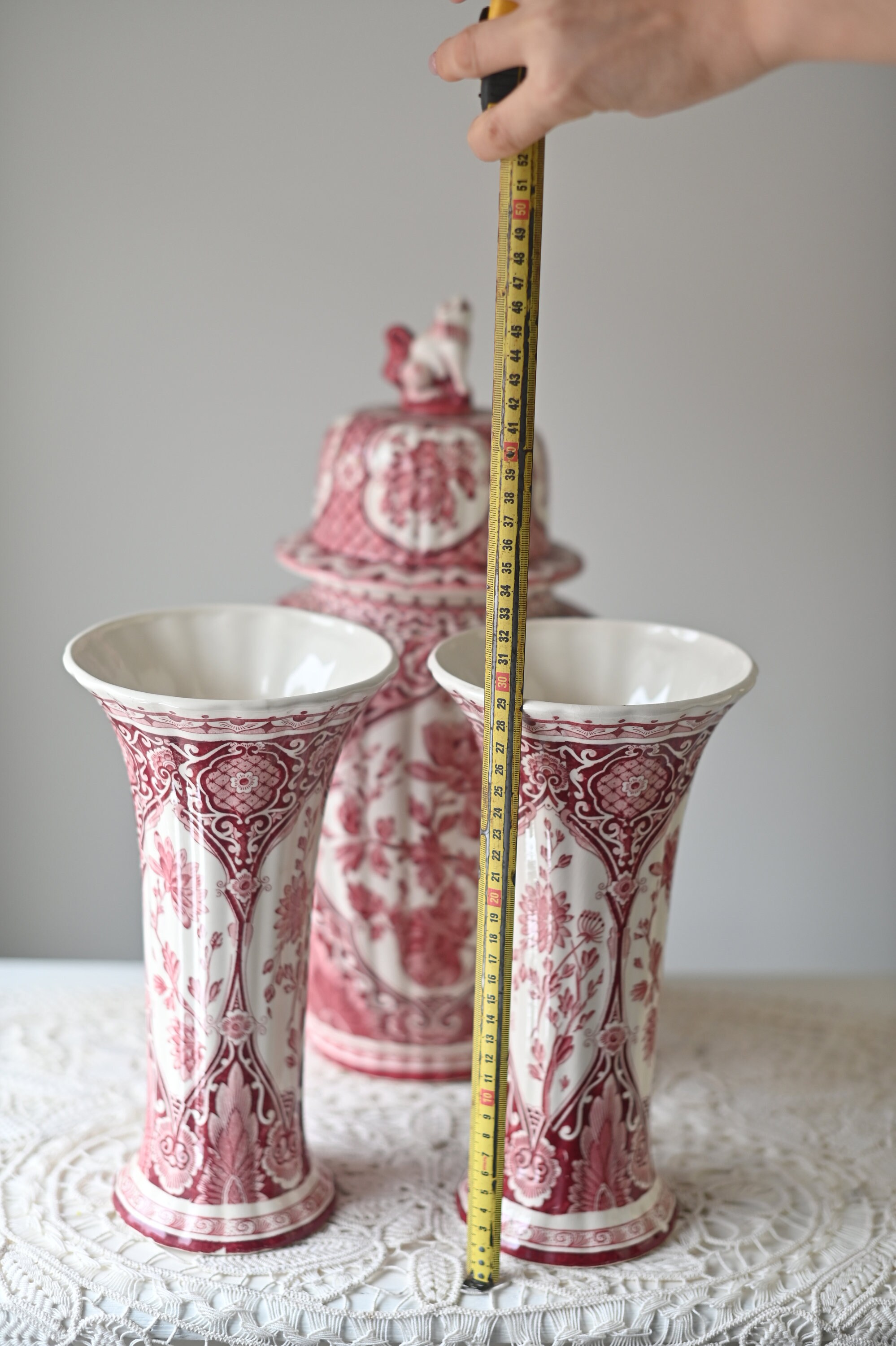 Vintage Petrus Regout Delft Red Vase Set: Ginger Jar and Vases