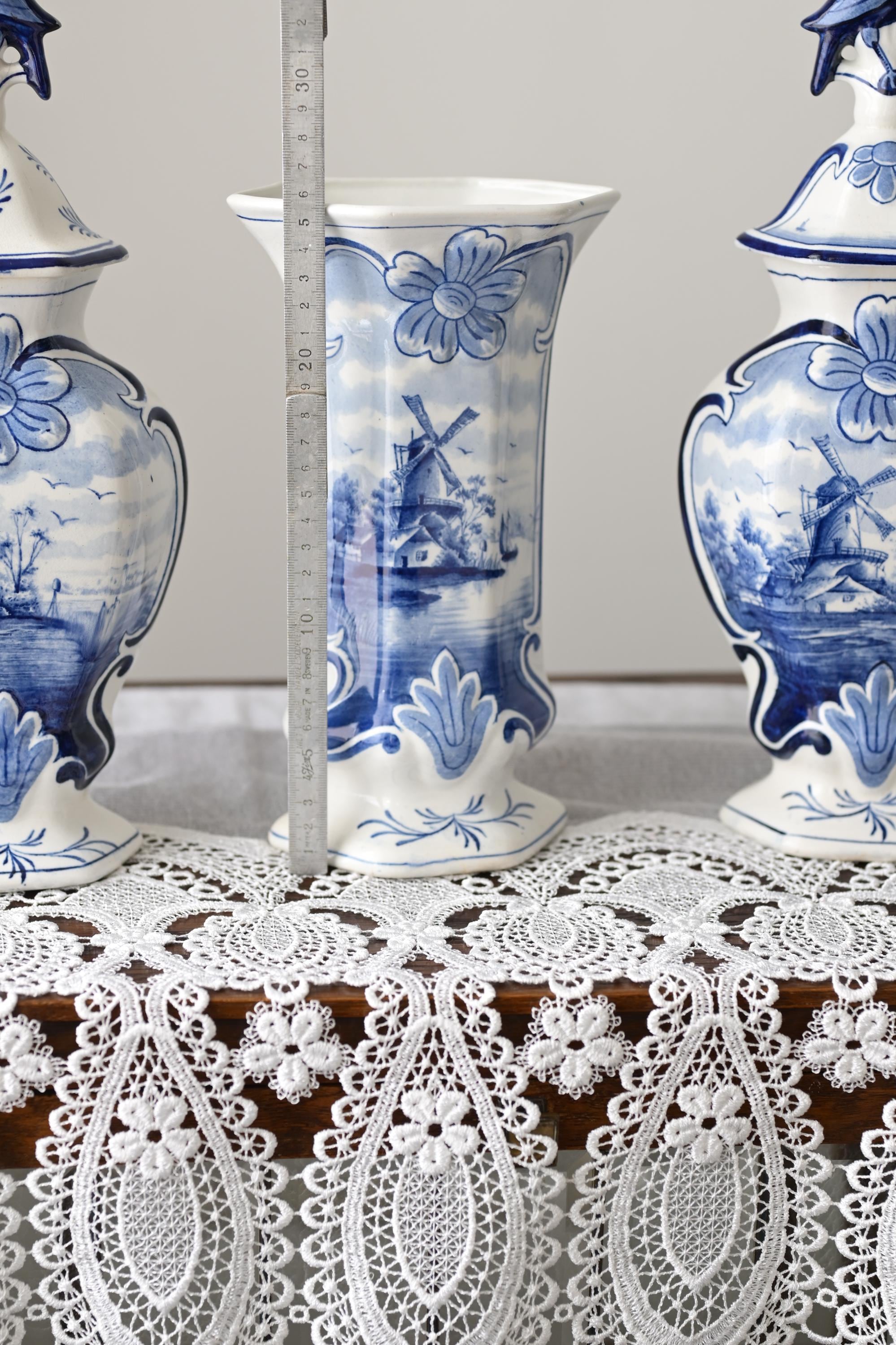 Antique Delft Blue Vase Set – 3 Pieces – Hand Painted Dutch