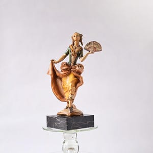 Vintage figurine Depose Italy Figurine on Marble Stand – Elegant Lady with Fan. Porcelain, biscuit.