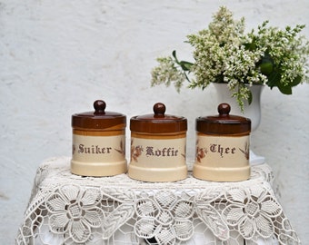 vintage set of 3 kitchen porcelain pots, spice jars for tea, sugar and coffee.. hand painted.