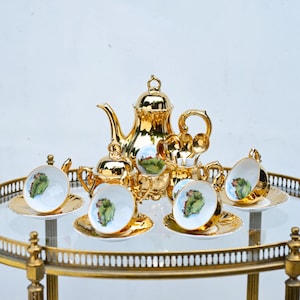 Vintage German Mokka Tea Set for 4 | Porzellankunst HP | 22K Gold Plated Porcelain | Hand Painted | Complete with Spoons.