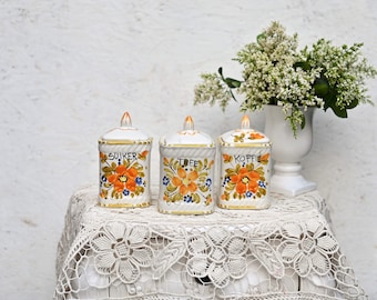 3 vintage kitchen porcelain pots, spice jars for tea sugar and coffee. hand painted.