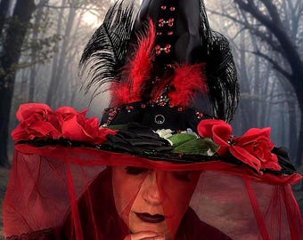 Cappello da strega vedova cremisi – Copricapo da festival gotico rosso nero floreale fantasy couture per feste