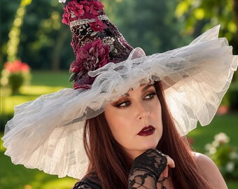 Royal Ballet  Princess burgundy and gold floral witch hat/festival hat