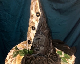 witch hat “SIA” off-white, black, and gold sparkle fancy Halloween costume witch wizard hat for women and girls.