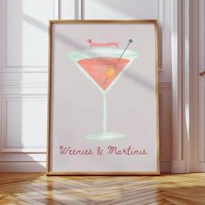 Póster de salchichas y martinis, impresión de arte de pared con cócteles de perro salchicha, decoración de dopamina, arte de pared con martini rosa, decoración para amantes de los perros salchichas, arte de mamá perruna
