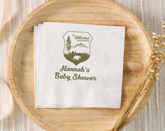 Lassen Sie das Abenteuer beginnen Babyparty-Dekor, Nationalpark-Zeichen-Servietten, Camping Thema, im Freien Thema Babyparty, Waldwald Jungen-Dusche
