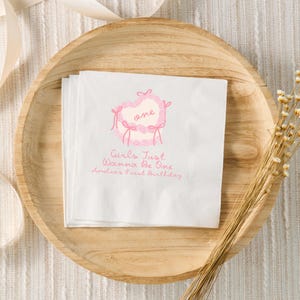 Girls Just Wanna Be One Birthday Decorations, Pink Bow 1st Birthday Party Custom Napkins, Coquette Personalized Cocktail Napkins, 1st Bday
