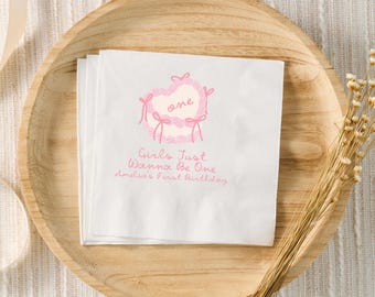 Girls Just Wanna Be One Birthday Decorations, Pink Bow 1st Birthday Party Custom Napkins, Coquette Personalized Cocktail Napkins, 1st Bday