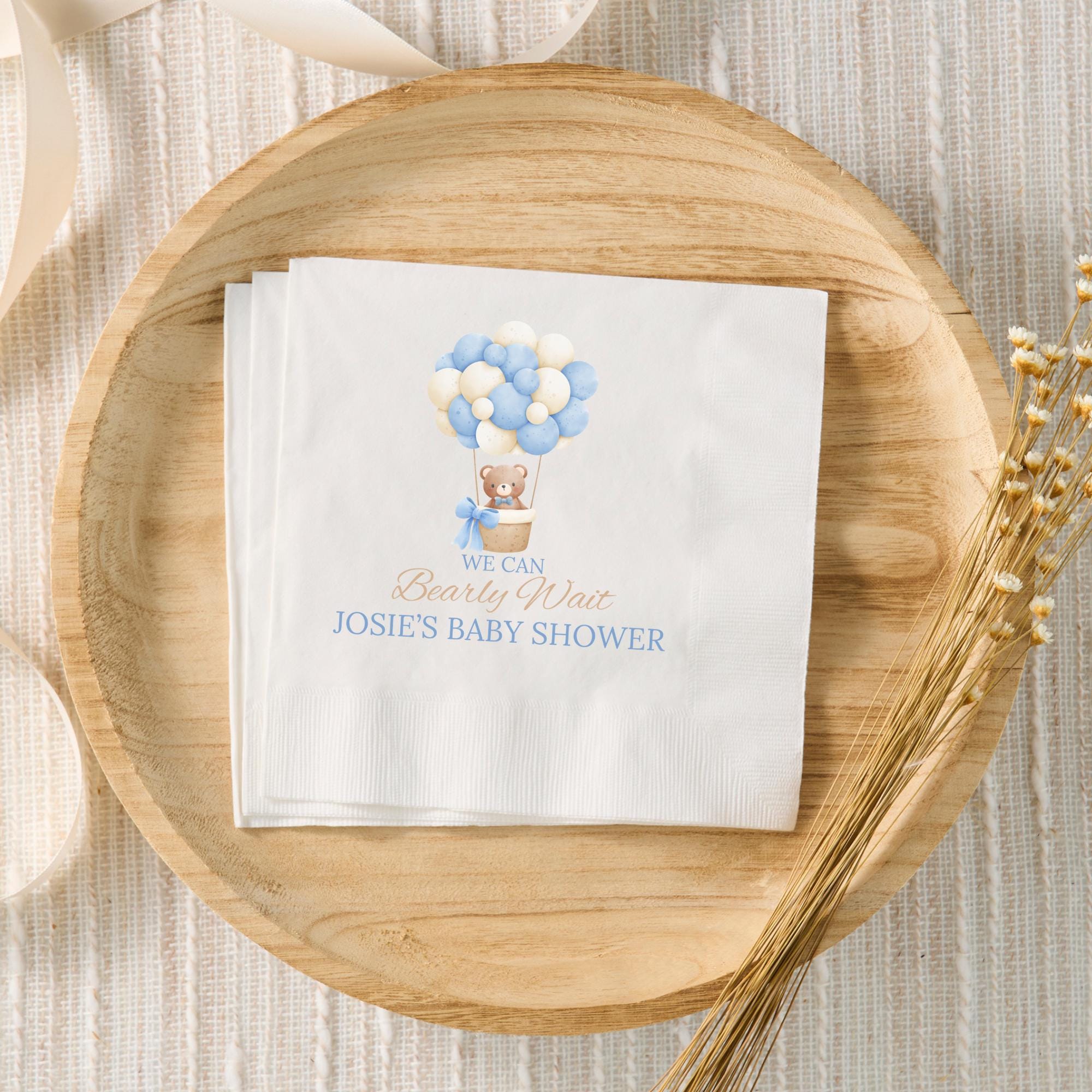 We Can Bearly Wait Baby Shower Decor, Boy Teddy Bear Baby Shower Napkins, Personalized Cocktail Napkins, Blue Teddy Bear, Boy Baby Shower