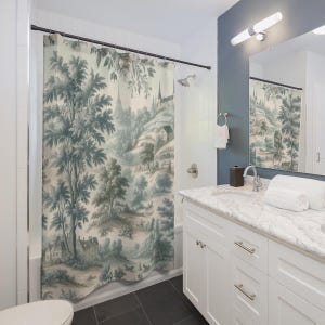 Toile Shower Curtain, Vintage French Country Bathroom Decor, Elegant Victorian Pattern, Neutral Green Blue, Cute Bathroom Curtain, Farmhouse
