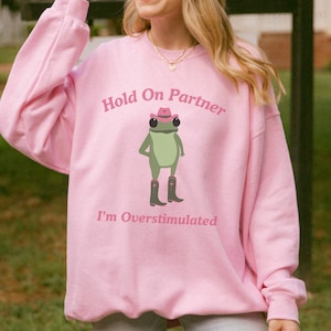 Hold On Partner Im Overstimulated Sweatshirt, Cowboy Frog Sweatshirt, Cowboy Frog Unhinged Shirt, Cute Animal Sweatshirt, Funny Frog Shirt