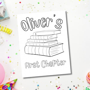 Może przedstawiać: Czarno-biała strona do kolorowania do wydrukowania z tekstem "Oliver's First Chapter" i stosem książek.