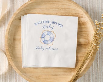 Welcome Aboard Baby Shower Napkins, Nautical Ahoy Boy Baby Shower Decor, Personalized Cocktail Napkins, Boy Baby Sprinkle, Boat Anchor