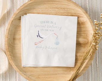 Stork Baby Shower Cocktail Napkins, Gender Neutral Stork Baby Shower Decor, Special Delivery Baby Shower, Boy Baby Shower Custom Napkins