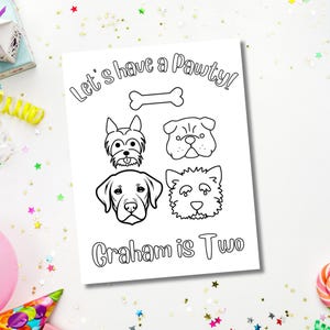 Lets Have A Pawty Geburtstagszubehör, Hunde-Geburtstagsfeier-Tätigkeitsblatt, Welpen-Malseite, druckbares Partyspiel, bearbeitbare Seite für benutzerdefiniertes Alter