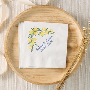Custom Amalfi Coast Cocktail Wedding Napkins, Personalized Rehearsal Dinner Cocktail Napkins, Engagement Party, Lemon Bridal Shower Decor