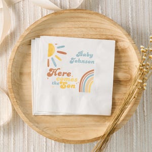 Here Comes The Son Baby Shower Decor, Sunshine Baby Shower Custom Napkins, Boho Retro Theme, Boy Baby Shower, Boy Baby Sprinkle, Rainbow