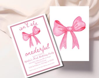 Bow First Birthday Party Invitation, Isn’t She Onederful, Coquette Girl 1st Birthday Theme, Printable Invite, Customizable Party Evite