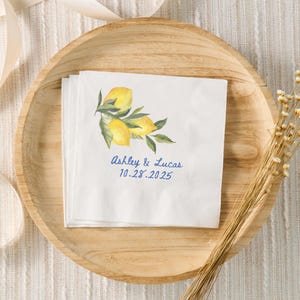Custom Amalfi Coast Cocktail Wedding Napkins, Personalized Rehearsal Dinner Cocktail Napkins, Engagement Party, Lemon Bridal Shower Decor