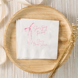Shes Tying The Knot Bridal Shower Decor, Pink Bow Bridal Shower Napkins, Personalized Cocktail Napkins, Coquette Decorations Blush Ribbon