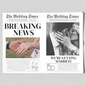 婚約新聞テンプレート、日付を保存する新聞、印刷可能な日付を保存する新聞、結婚式の新聞、婚約写真撮影小道具