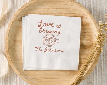 Love Is Brewing Bridal Shower Custom Napkins, Espresso Martini Bridal Shower Decor, Coffee Bridal Shower Favors, Personalized Napkins