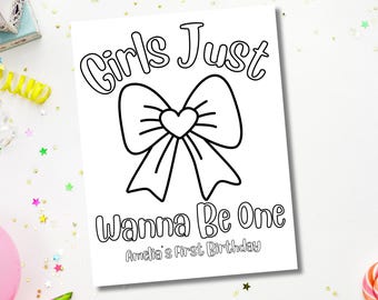 Girls Just Wanna Be One Birthday Decorations, Bow 1st Birthday Party Activity Sheet, Coquette Coloring Page, Printable Custom Editable Page