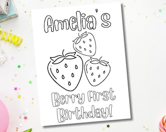 Berry First Birthday Decorations, Berry First Birthday Party Activity Sheet, Strawberry Coloring Page, Printable Game, Custom Editable Page