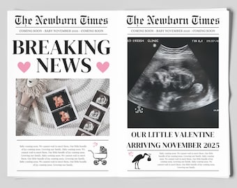 Valentines Day Baby Announcement Newspaper, Baby Arrival Sign, Newspaper Baby Announcement, Pregnancy Announcement, Editable Canva Template