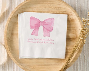 Girls Just Wanna Be One Birthday Decorations, Pink Bow 1st Birthday Party Custom Napkins, Coquette Personalized Cocktail Napkins, 1st Bday