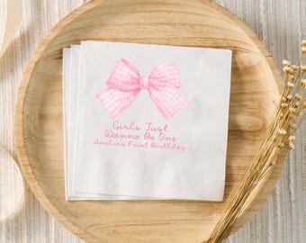 Girls Just Wanna Be One Birthday Decorations, Pink Bow 1st Birthday Party Custom Napkins, Coquette Personalized Cocktail Napkins, 1st Bday