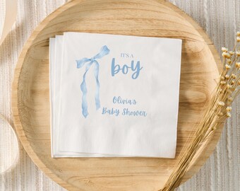 Blue Bow Baby Shower Decor, Coquette Baby Shower Personalized Cocktail Napkins, Custom Blue Bow Baby Shower Napkins, Boy Baby Shower