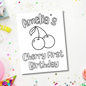 Kirsche zum ersten Geburtstag Zubehör, Kirsche erste Geburtstagsparty Aktivität Blatt, Kirsche Malseite, druckbare Gesellschaftsspiel, benutzerdefinierte bearbeitbare Seite