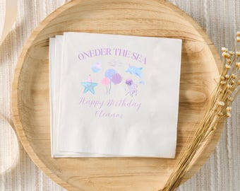 Decoración de cumpleaños de Oneder The Sea, servilletas de cóctel personalizadas bajo el mar, fiesta de primer cumpleaños, primer cumpleaños de niña, fiesta de sirenas con animales del océano