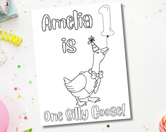 Suministros para cumpleaños de One Silly Goose, hoja de actividades para fiestas de cumpleaños, página para colorear de One Silly Goose, juego de fiesta imprimible, página editable personalizada