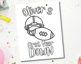 First Year Down Birthday Decorations, Boy 1st Birthday Party Activity Sheet, Football Coloring Page, Printable Party Game, Custom Editable