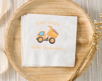 Baby Under Construction Baby Shower Decor, Custom Cocktail Napkins, Construction Boy Baby Sprinkle, Dump Truck Excavator Table Decoration