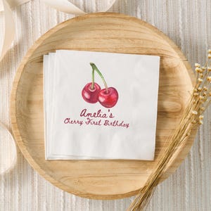 Cherry First Birthday Decorations, Cherry 1st Birthday Custom Napkins, Cherry Themed 1st Birthday Party Decor, Personalized Cocktail Napkins