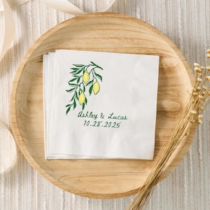 Custom Amalfi Coast Cocktail Wedding Napkins, Personalized Rehearsal Dinner Cocktail Napkins, Engagement Party, Lemon Bridal Shower Decor