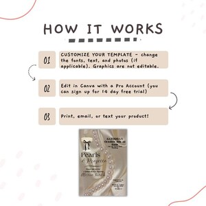 May include: A how-to guide for customizing a Canva template. The steps include customizing fonts, text, and photos, editing in Canva with a Pro account, and printing, emailing, or texting the final product. The image also shows a sample invitation with the text "Pearls & Projects" and "Saturday, October 8th at 10am".