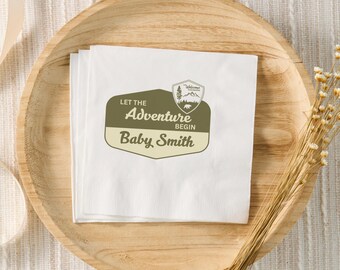 Lassen Sie das Abenteuer beginnen Babyparty-Dekor, Nationalpark-Zeichen-Servietten, Camping Thema, im Freien Thema Babyparty, Waldwald Jungen-Dusche