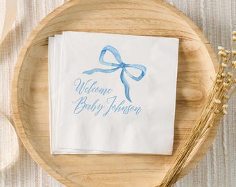 Blue Bow Baby Shower Decor, Coquette Baby Shower Personalized Cocktail Napkins, Custom Blue Bow Baby Shower Napkins, Boy Baby Shower