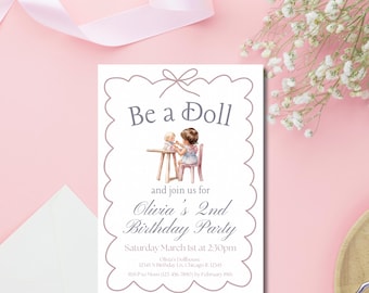 Baby Doll Birthday Party Invitation Template, Preppy Pastel Themed Party, Be A Doll And Join Us, Custom Year Printable Canva Invite, Evite