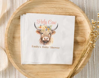Servetter med höglandskon, babyshower, specialdesignade cocktailservetter, babyshowerdekor med Holy Cow, boho vildblommigt höglandskon-tema, Oh Baby Boho Cow