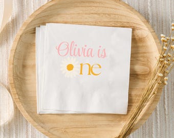 Daisy First Birthday Napkins, Custom Cocktail Napkins, Retro Groovy Daisy Boho Girl 1st Birthday, Pink Daisies, Personalized Decorations